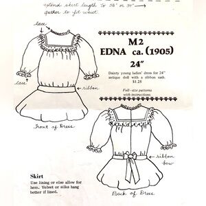 1905 Edna 24 inch doll dress sewing pattern complete instructions & pcs.